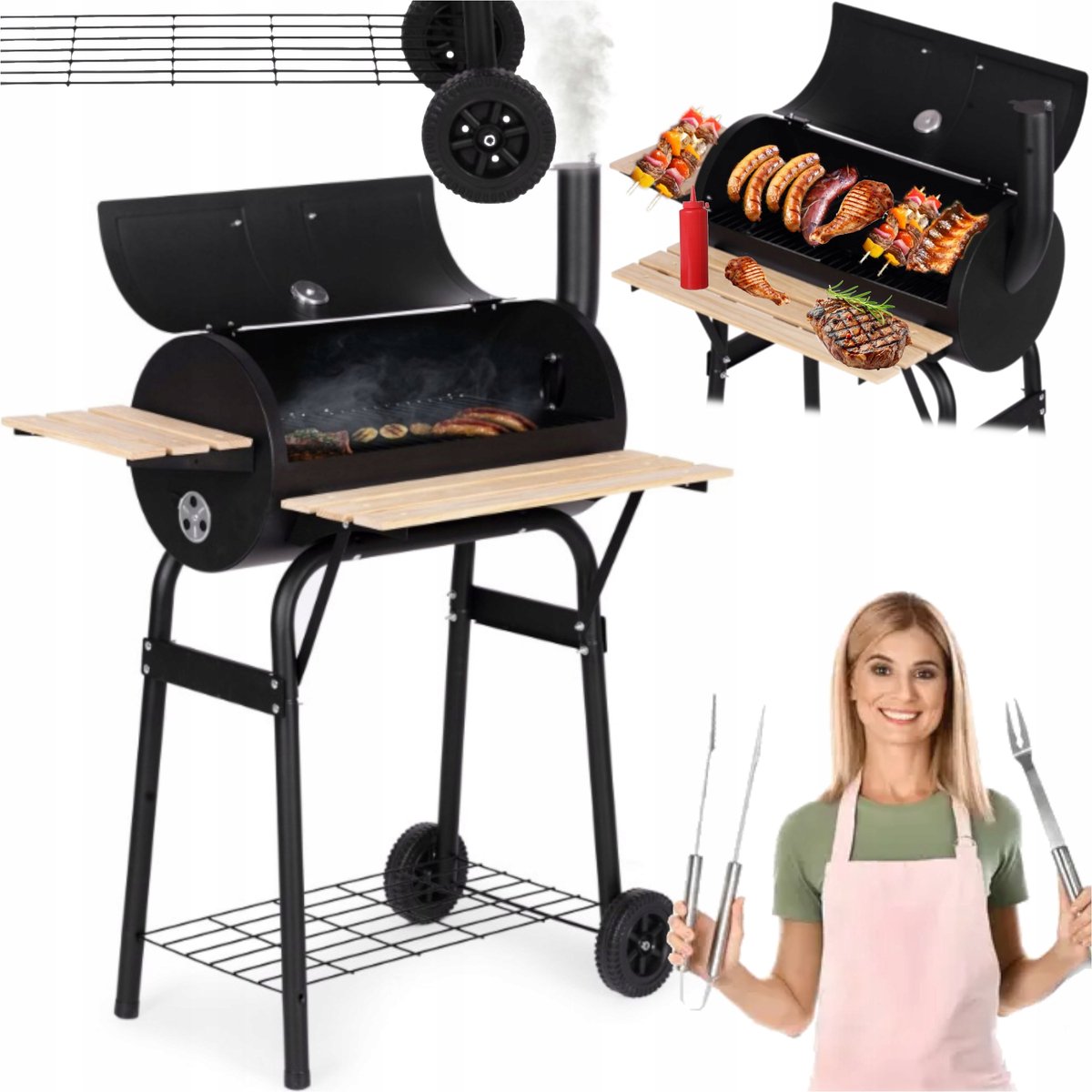 Bbq Koolgrill met Wielen, Plankjes, Klep & Thermometer