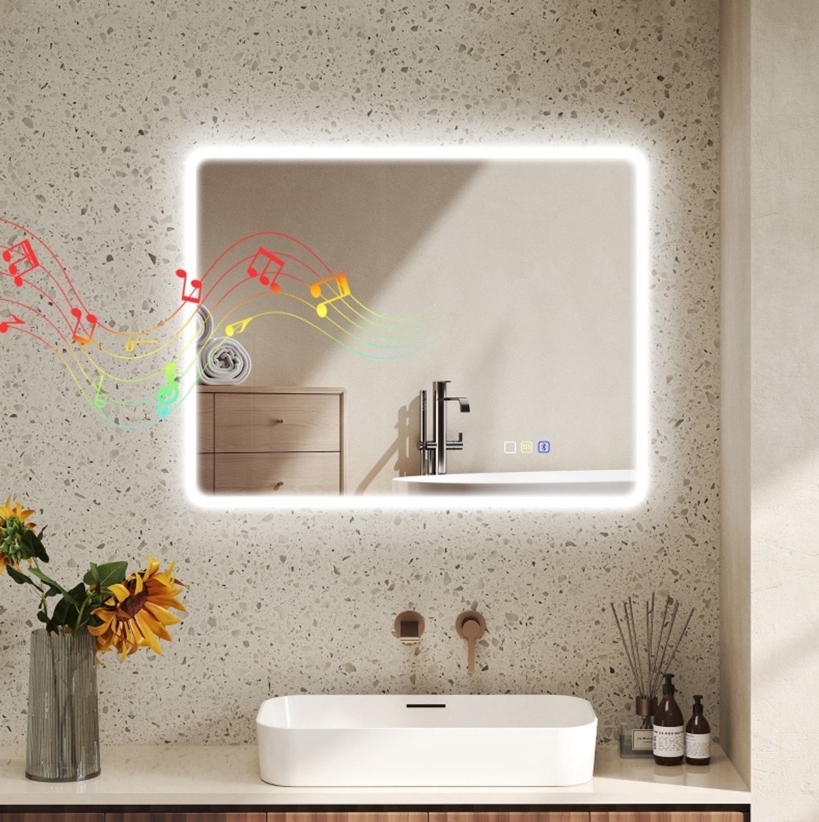 Badezimmerspiegel Led Bluetooth 70 X 90 Cm Touchschakelaar 3 Kleuren Anti Condens Geheugenfunctie Zilver Wandspiegel Voor Badkamer