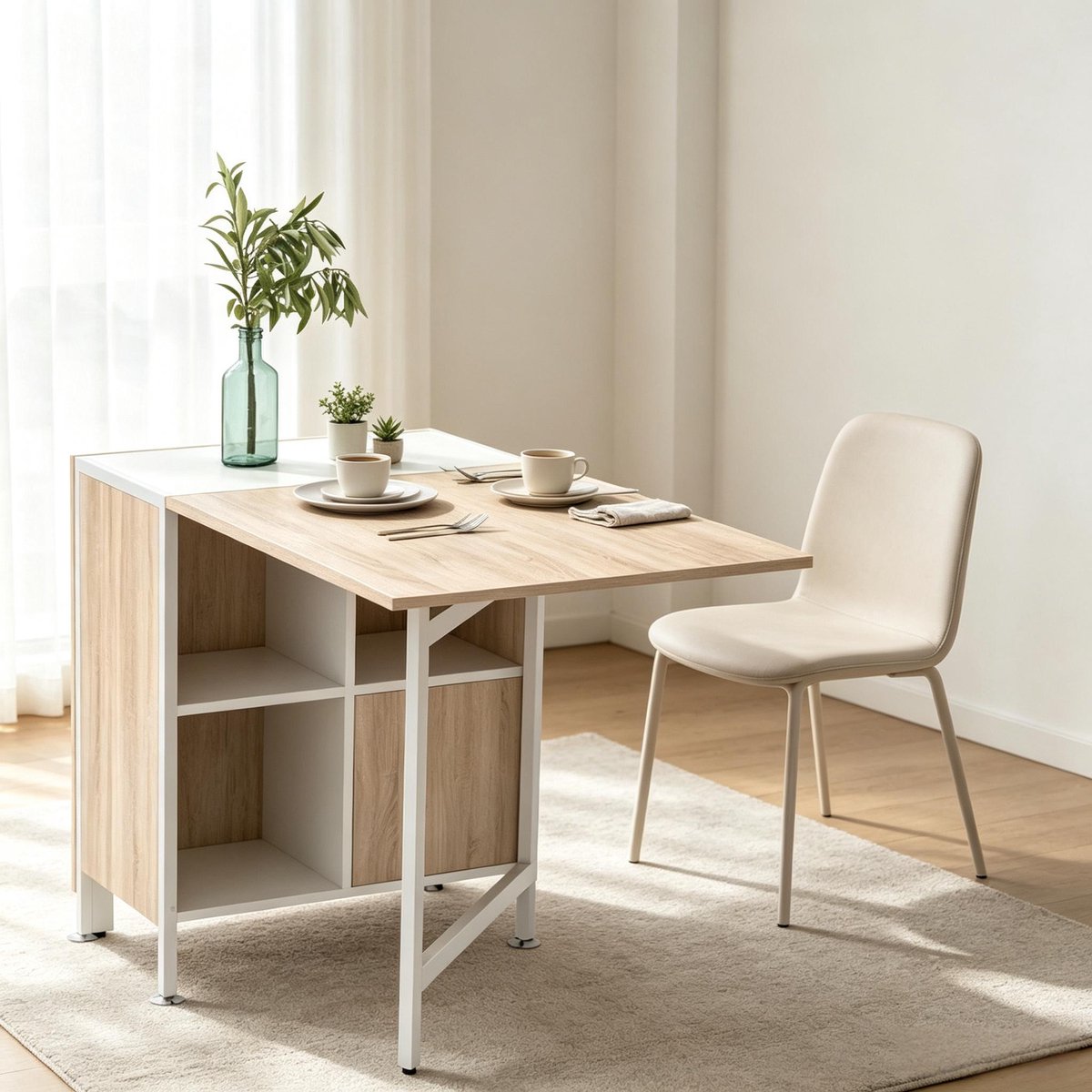Uitklapbare Eettafel Modern Design Met Opbergruimte Wit Licht Eiken MDF Staal 170x60x75 Cm