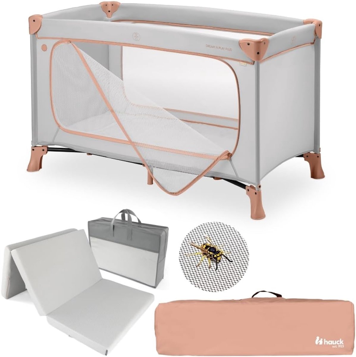 Reisbed met Matras - Opvouwbaar Kinderbedje - Veilig Slapen Onderweg - Inclusief Insectennet - 125 x 65 cm - Dusty Cork
