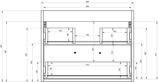 Technische tekening van badmeubel met afmetingen, twee lades en uitsparing.