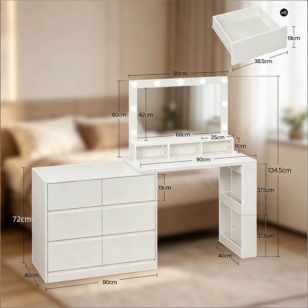 MIVRAY Kaptafel - Met Verstelbare Led Spiegel En 6 Laden - Rechthoekig Of L Vormig Voor Slaapkamer - Wit - 160x40x134,5 Cm