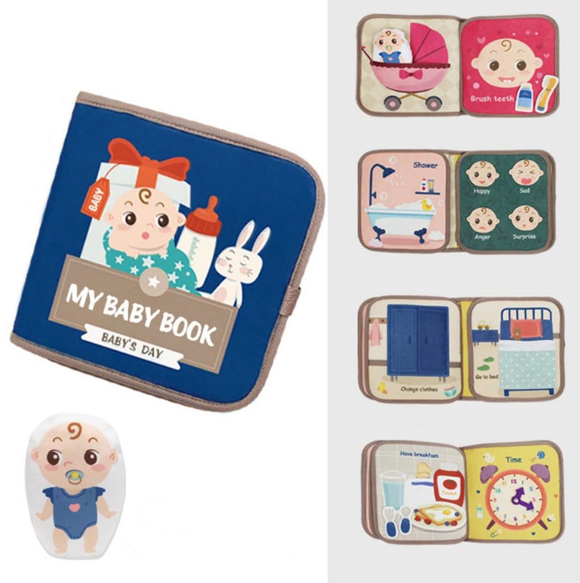 COOAU - Montessori Stoffen Prentenboek voor Baby's - Sensorisch Activiteitenboek - Thema "Een Dag van de Baby" - Vanaf 12 Maanden - Educatief Speelgoed - Stimuleert Taal & Verbeeldingskracht - Zacht Stoffen Speelgoed - Blauw