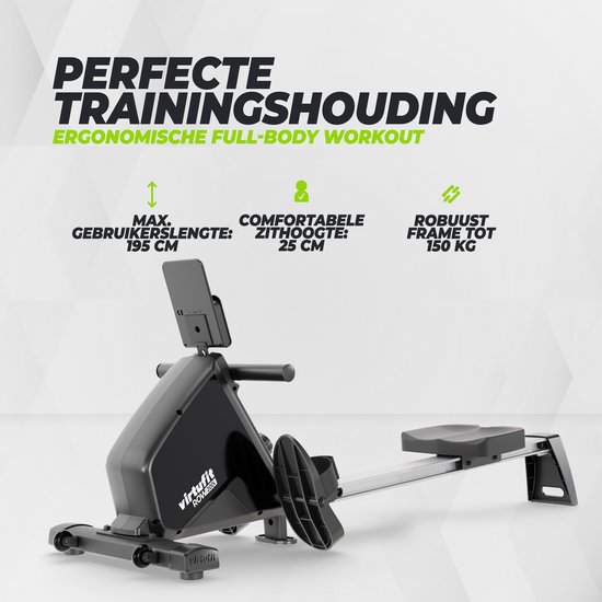 VirtuFit ROW200i Roeimachine - Inklapbaar - 10 weerstandniveaus - Geruisloos - Kinomap & FitShow - LCD Display met Tablethouder - Roeitrainer voor thuis - Roeiapparaat (ROW450)