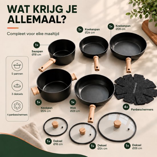 Complete Organess pannenset met 5 pannen, 3 deksels en 4 panbeschermers. Allemaal met houten handvatten.