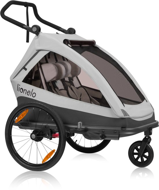 Lionelo Cama Fietskar 2in1 - Fiets aanhanger + Kinderwagen voor 2 Kinderen - 360° Voorwiel - 60L Bagageruimte - Full Vering - 5-Punts Gordels - Grote Luchtbanden - UPF50+ & Waterafstotend - Kinderfietskar & Buggy Inklapbaar - Wandelwagen - Tot 2x22kg — afbeelding 2