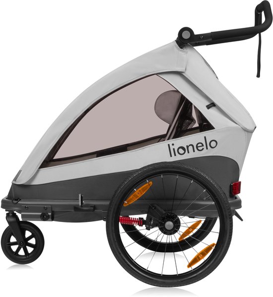 Lionelo Cama Fietskar 2in1 - Fiets aanhanger + Kinderwagen voor 2 Kinderen - 360° Voorwiel - 60L Bagageruimte - Full Vering - 5-Punts Gordels - Grote Luchtbanden - UPF50+ & Waterafstotend - Kinderfietskar & Buggy Inklapbaar - Wandelwagen - Tot 2x22kg — afbeelding 5