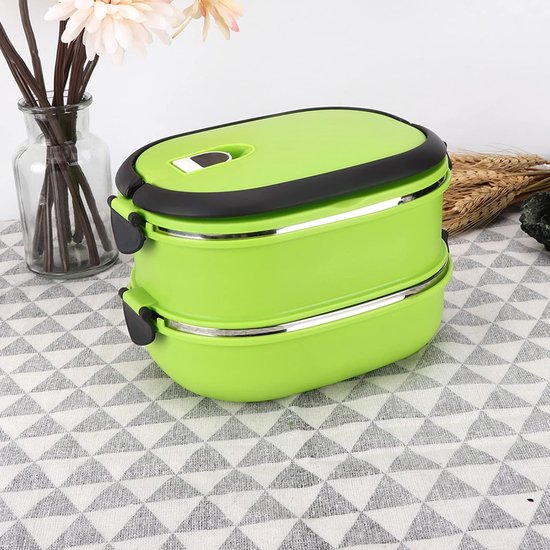 Geïsoleerde Lunchbox - Voedselcontainer Warmhoud - Picknick Buiten - 3 Lagen Roestvrijstaal - 2 Niveaus - Groen — afbeelding 3