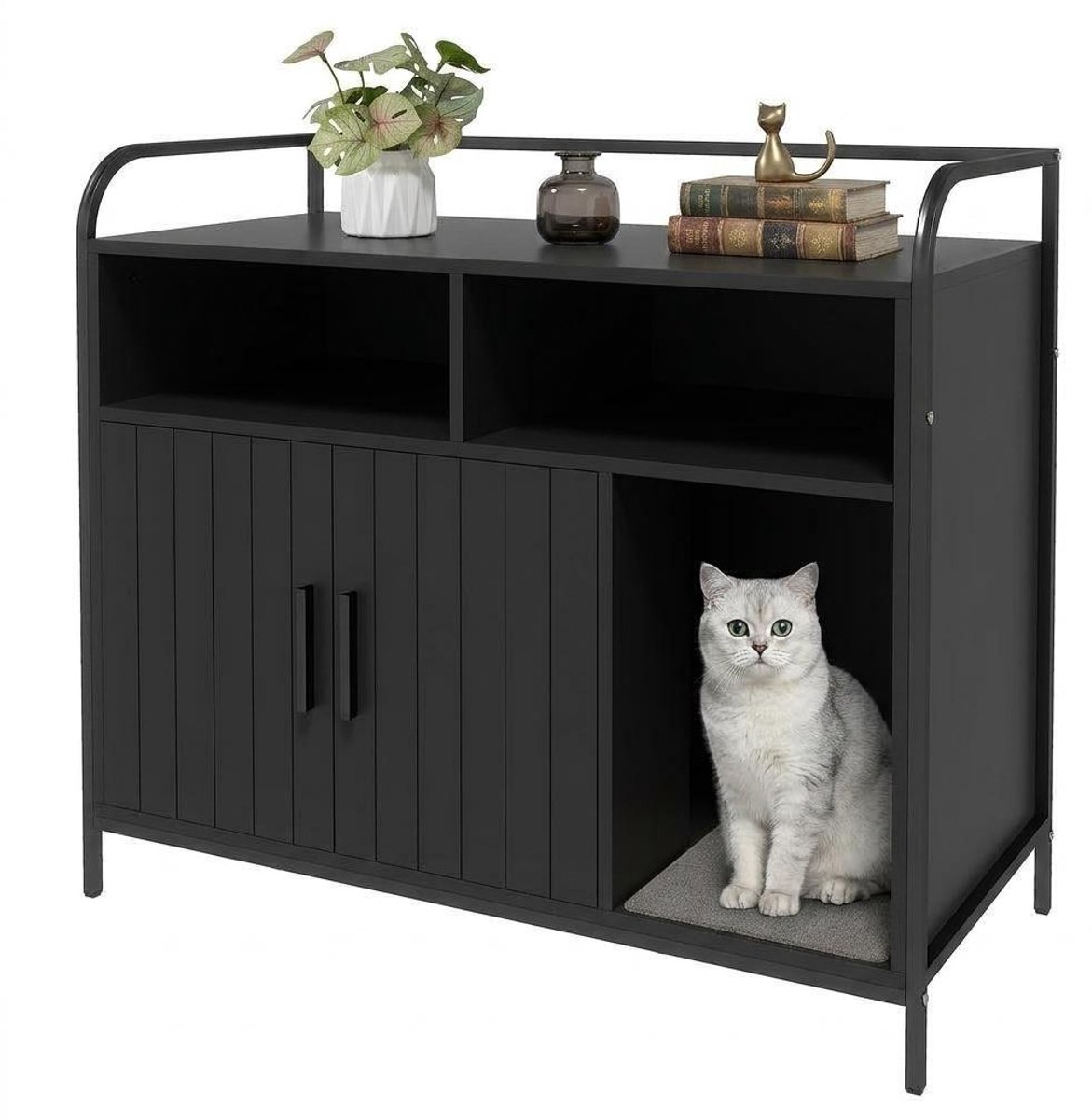 Kattenkast Kattenbak meubel met metalen frame en dubbele opbergrekken – modern verborgen kattenhok voor binnen in bijzettafel-stijl