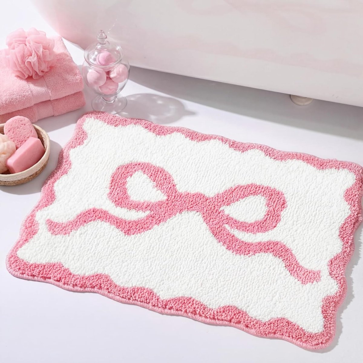 Roze badkamermat met strik, 60x90 cm, golvende strik, antislip badmat, schattige bloemenprint, kamerdecoratie, microvezel, absorberende mat