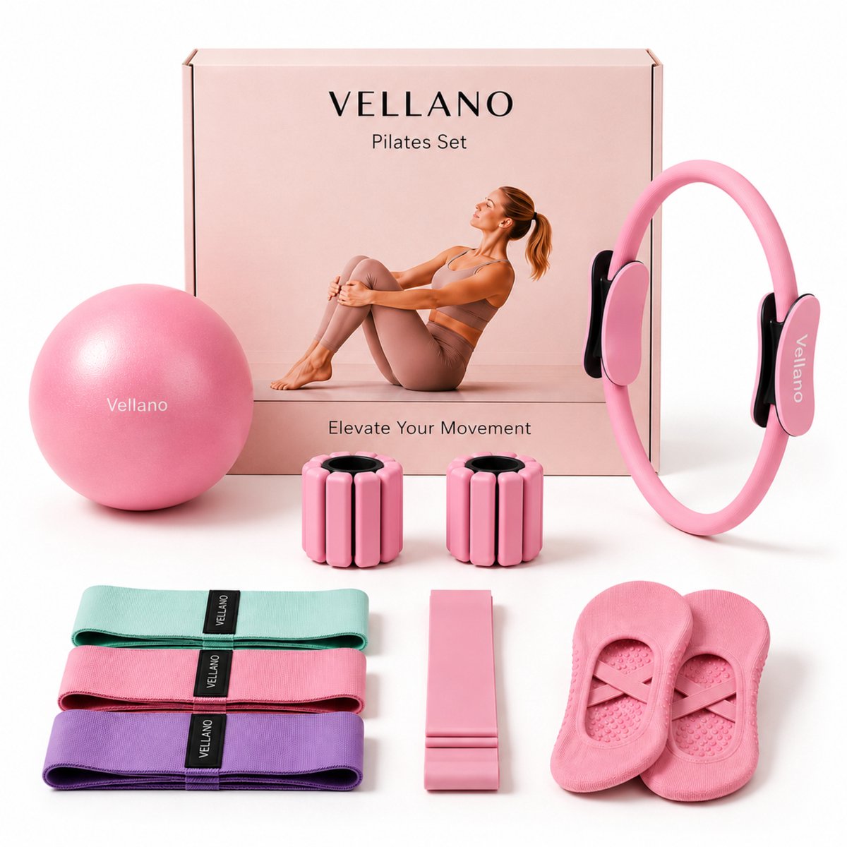 VELLANO® Pilates Set 10-delig – Inclusief Pilates Ring, Bal, Weerstandsbanden, Pols- & Enkelgewichten en Antislip Sokken – Complete Full Body Workout voor Thuis