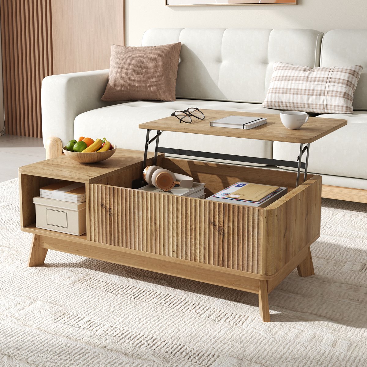 STILVORA Salontafel - Hefbaar Tafelblad En Verborgen Opbergruimte - Voor Woonkamer - MDF - 95x48x50 Cm - Naturel