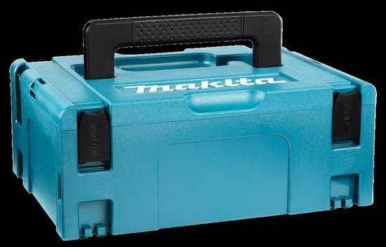 Turquoise Makita opbergkoffer met wit logo en zwart handvat.