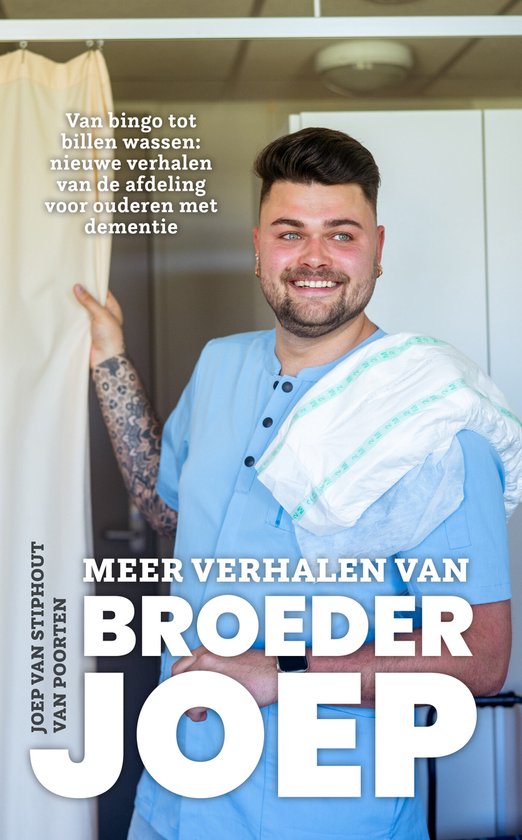 Broeder Joep in blauw uniform, met een luier over zijn schouder. Tekst: 'Meer verhalen van Broeder Joep'.