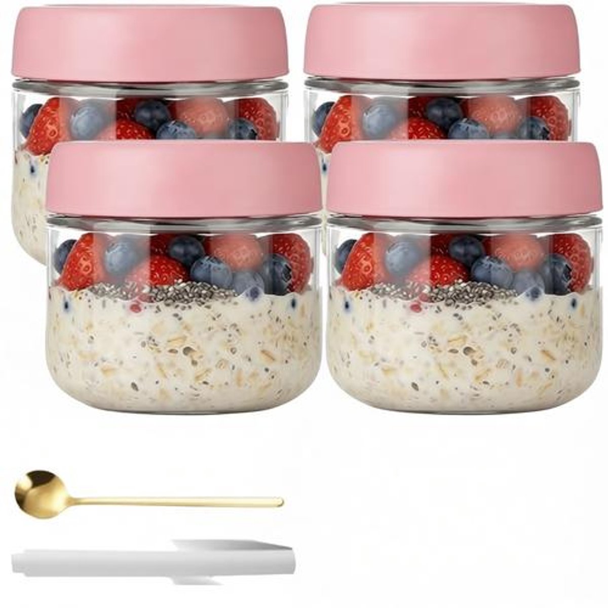 4 stuks Overnight Oats-potten met deksel - Meal Prep Glazen Potten - Herbruikbare Weckpotten voor Zelfgemaakte Jam - Mason Jar met Lepel en Etiket - Roze - 300 ml