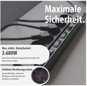 Zwarte stekkerdoos met 6 stopcontacten en individuele schakelaars, met tekst "Maximale Sicherheit."
