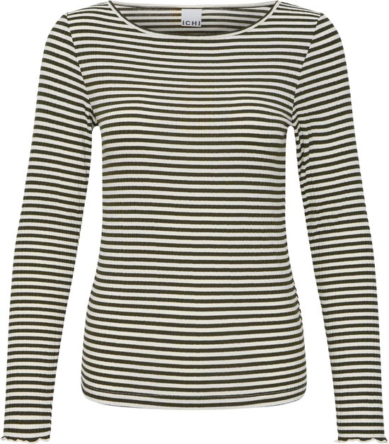 Olijfgroen en wit gestreept T-shirt met lange mouwen, ronde hals en ICHI-label aan de binnenkant.