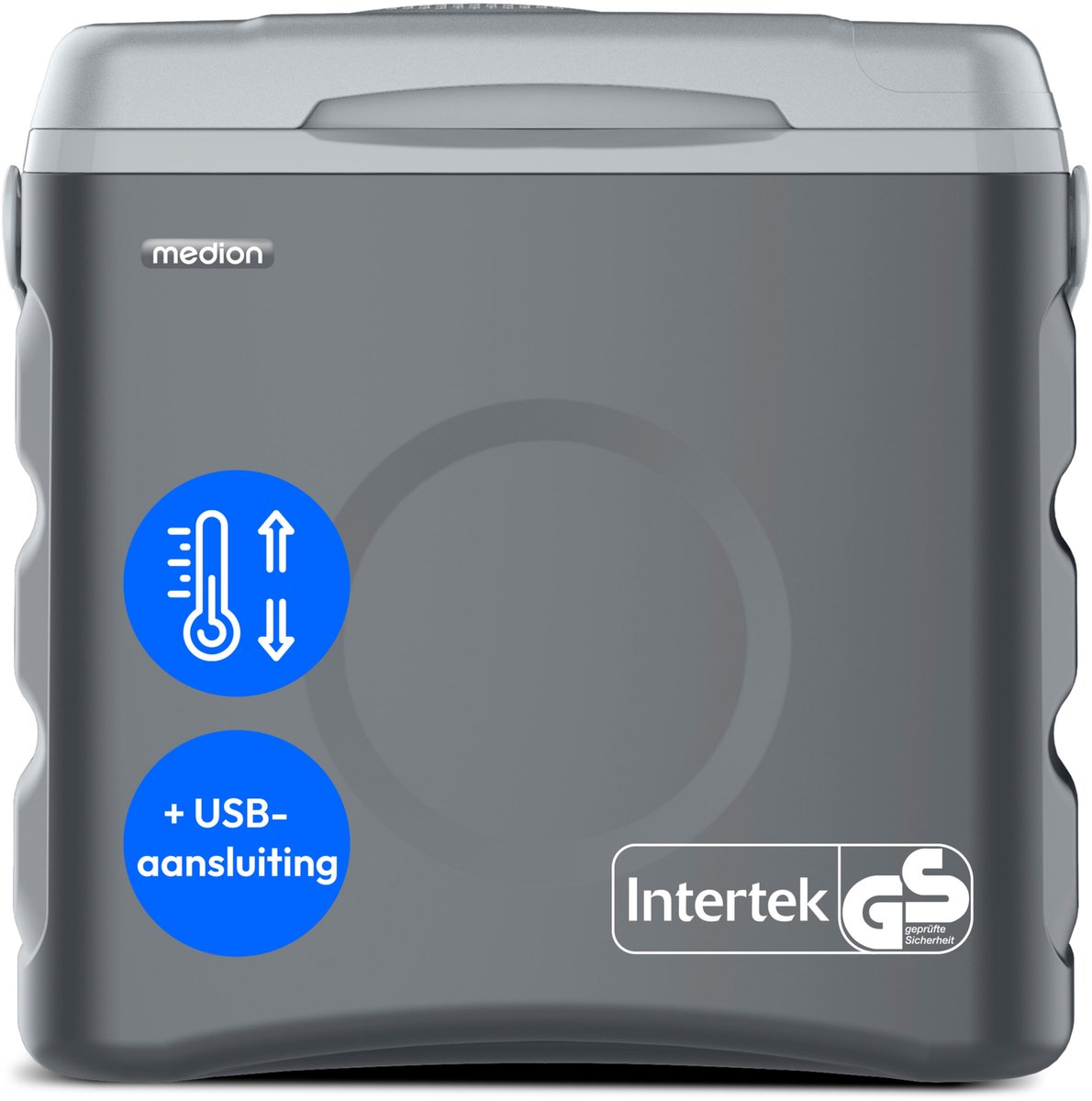 MEDION Thermo Elektrische Draagbare Koelbox 35 L Bruto Inhoud Koel en Warmhoudfunctie 12V Autoaansluiting 230V Netstroom USB 5V Voeding voor Auto Boot en Camping, MD370030 Grijs Energieklasse E