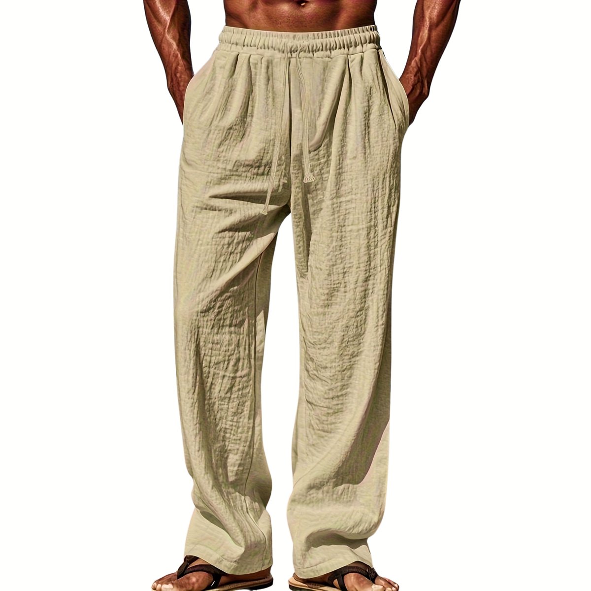Currero Linnen Broek Heren Zomerbroek Volwassenen Lange Broek Pantalon Strandbroek Zomer Ibiza Stijl Champagne