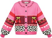 Kleurrijke Dames cardigan met Kerspatronen en Dierenprint - Fushia - Maat L/XL