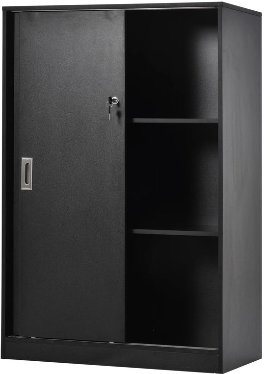 Zwarte archiefkast met schuifdeur en 3 open planken.