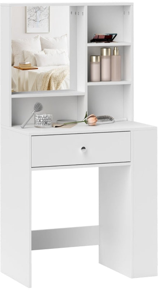 Merax Kaptafel Met Spiegel - Make-Up Tafel Met Lade - 3-Laags Zijrek - Toilettafel Met Opbergruimte - Wit - 70 x 40 x 137 cm