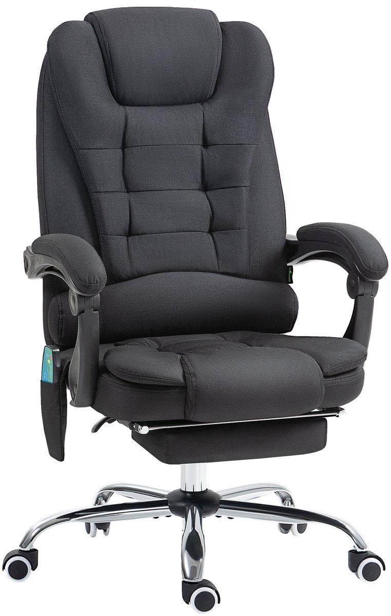 Merax Massage Bureaustoel Met Voetsteun - Ergonomische Kantoorstoel Met Warmtefunctie - 135° Kantelbaar - Zijvak En Afstandsbediening - Zwart