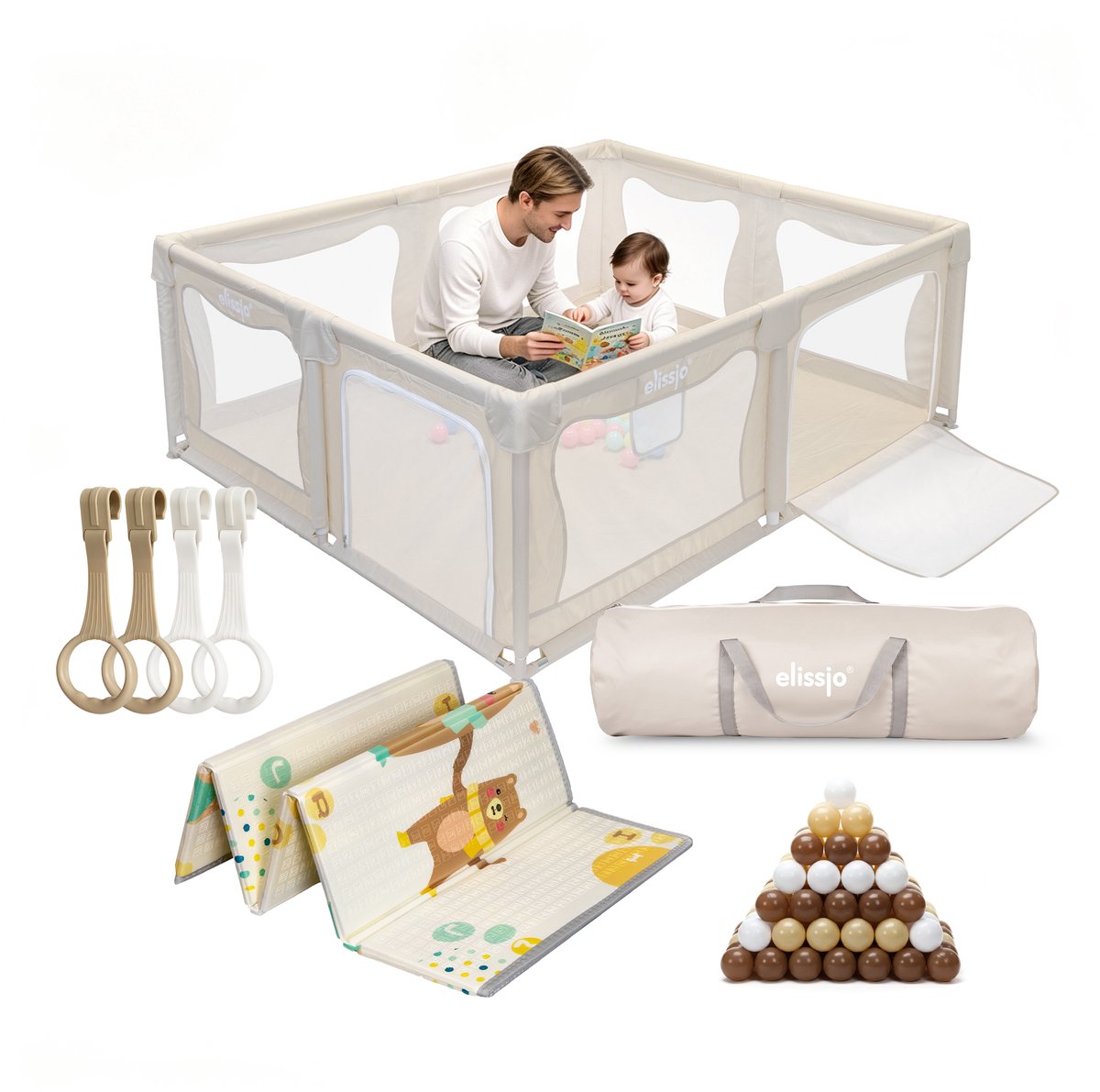 Elissio® - Grondbox Baby – Inclusief Dubbelzijdige Speelmat – Baby Speelbox met 50x Speelballen - Kinderbox - Playpen - 180x150 CM - Beige – foto 6