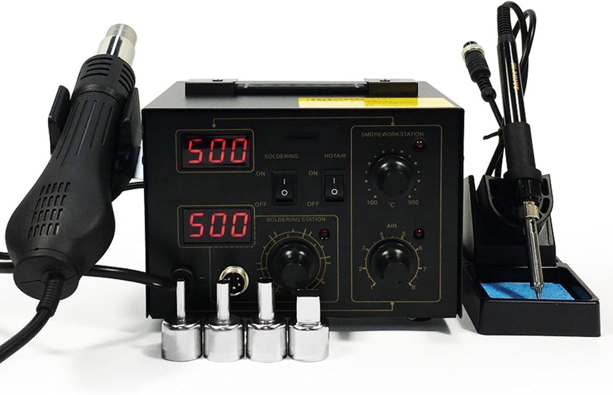 Hete lucht soldeerstation - Reparatie station - Elektronica reparatie - Dubbel digitaal display - 157x185x135 mm - Zwart