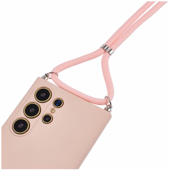 Roze hoesje voor Samsung Galaxy S24 Ultra met camera-uitsparing en een roze koord.