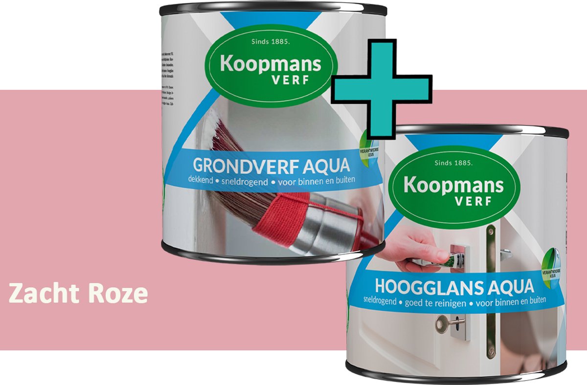 Koopmans Grondverf Aqua en Hoogglans Aqua Verfset - Binnen en Buiten - Zacht Roze - 2x 750 ml
