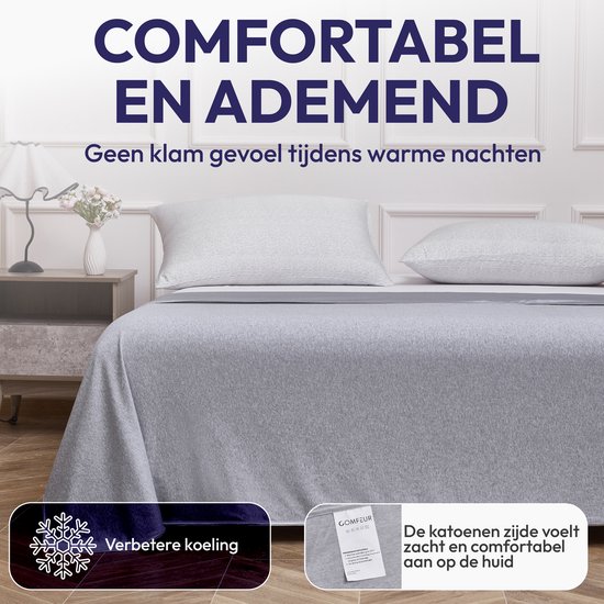 Een comfortabel en ademend grijs dekbed op een opgemaakt bed, verbetert de koeling.