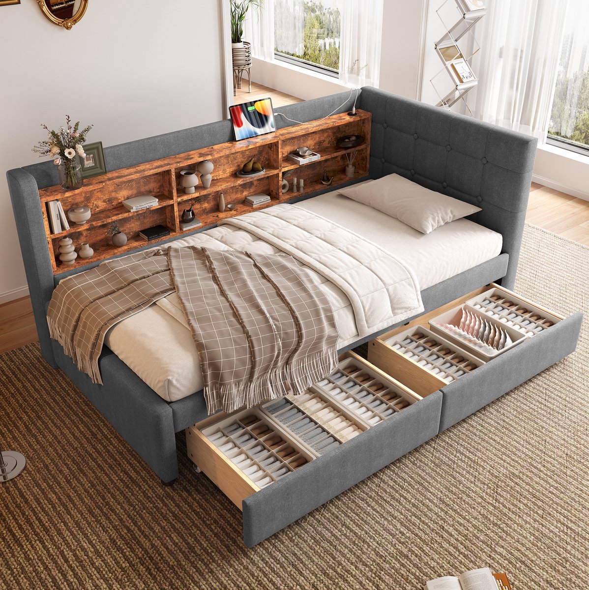 COVREO Daybed 90x200cm Grijs - Slaapbank met 2 lades, USB + Type-C, meerdere opbergruimtes, lattenbodem zonder matras