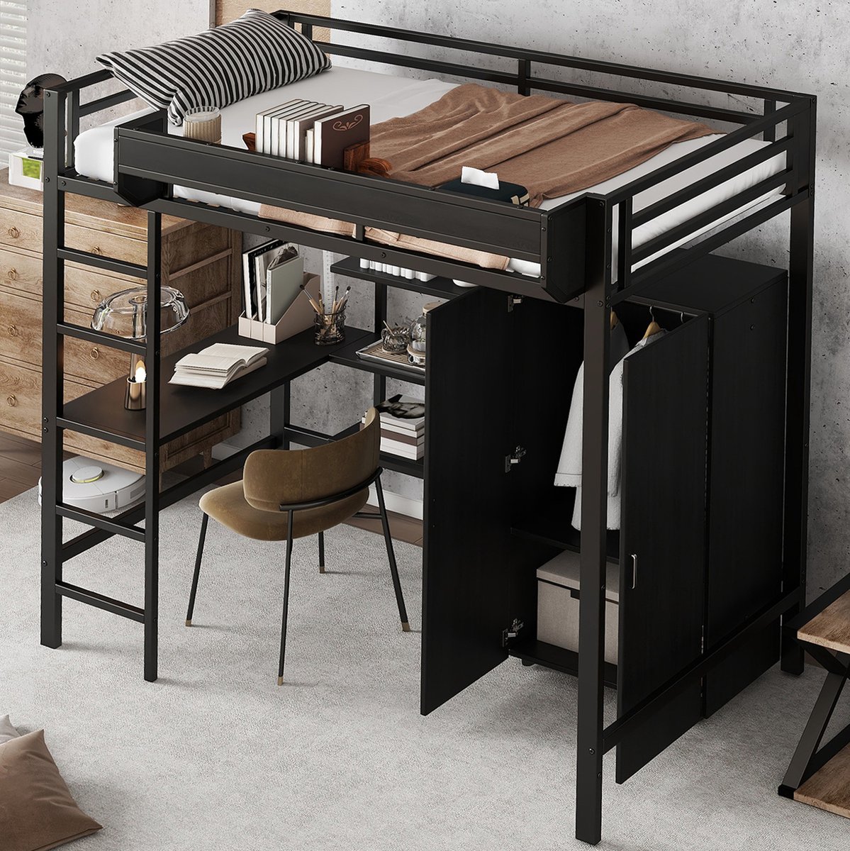 COVREO Hoogslaper 90 x 200 cm met bureau, kledingkast en opbergruimte, zwart