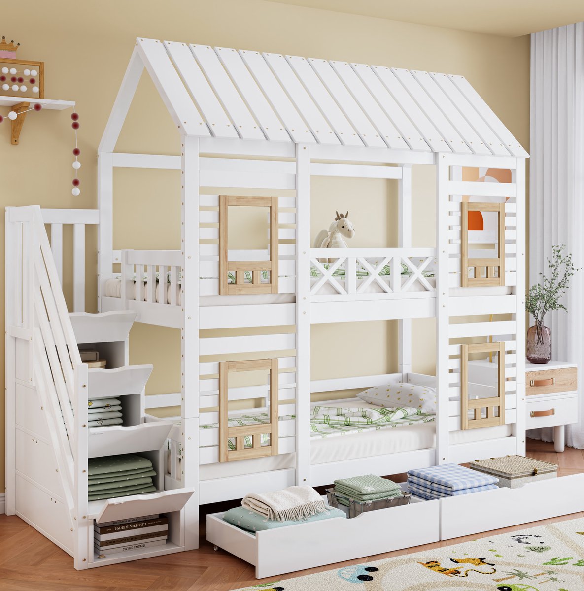 COVREO Stapelbed met huisdak en ramen – 254x95x230 cm – Kinderbed met 2 lades en trap met 4 vakken – voor kinderkamer – Wit en naturel - zonder matras