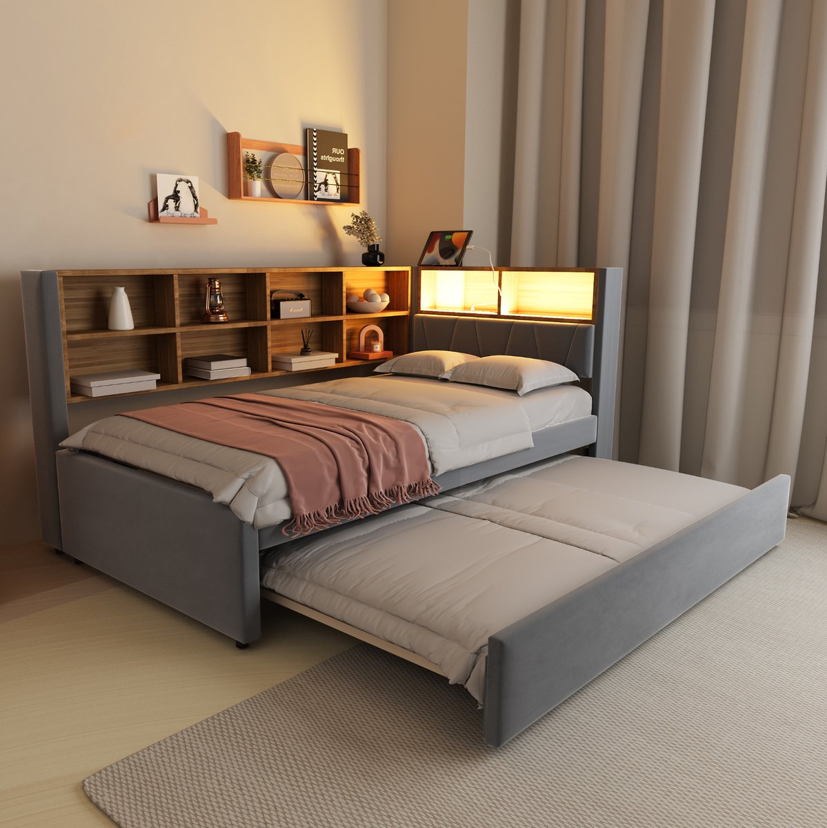 Slaapbank 90*200, uitschuifbaar bed 90*190, voorzien van ledverlichting, stopcontacten en meerdere opbergvakken, gestoffeerd bed, multifunctionele slaapbank, eenpersoonsbed, flanel, donkergrijs.