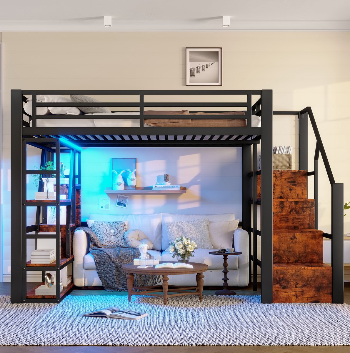 COVREO Hoogbed met LED-lichtlijst en opbergruimte – 140x200 cm – Bedframe van metaal en MDF – voor kinderkamer – Zwart - zonder matras