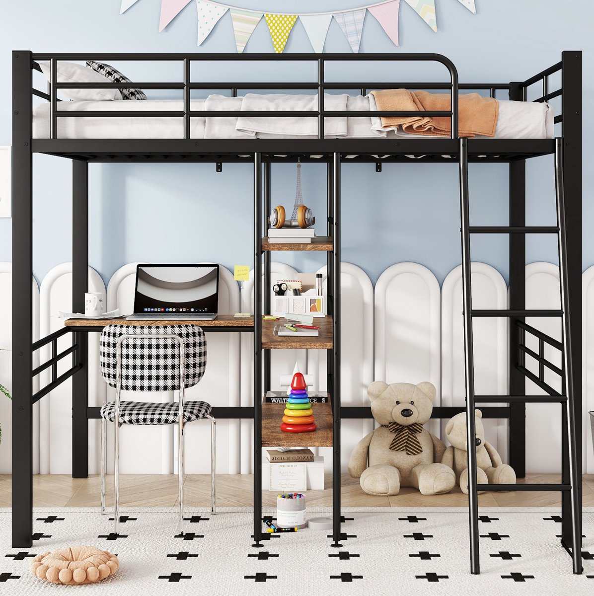COVREO Hoogslaper 90x200 cm zwart metaal, bureau, opbergruimte, zonder matras