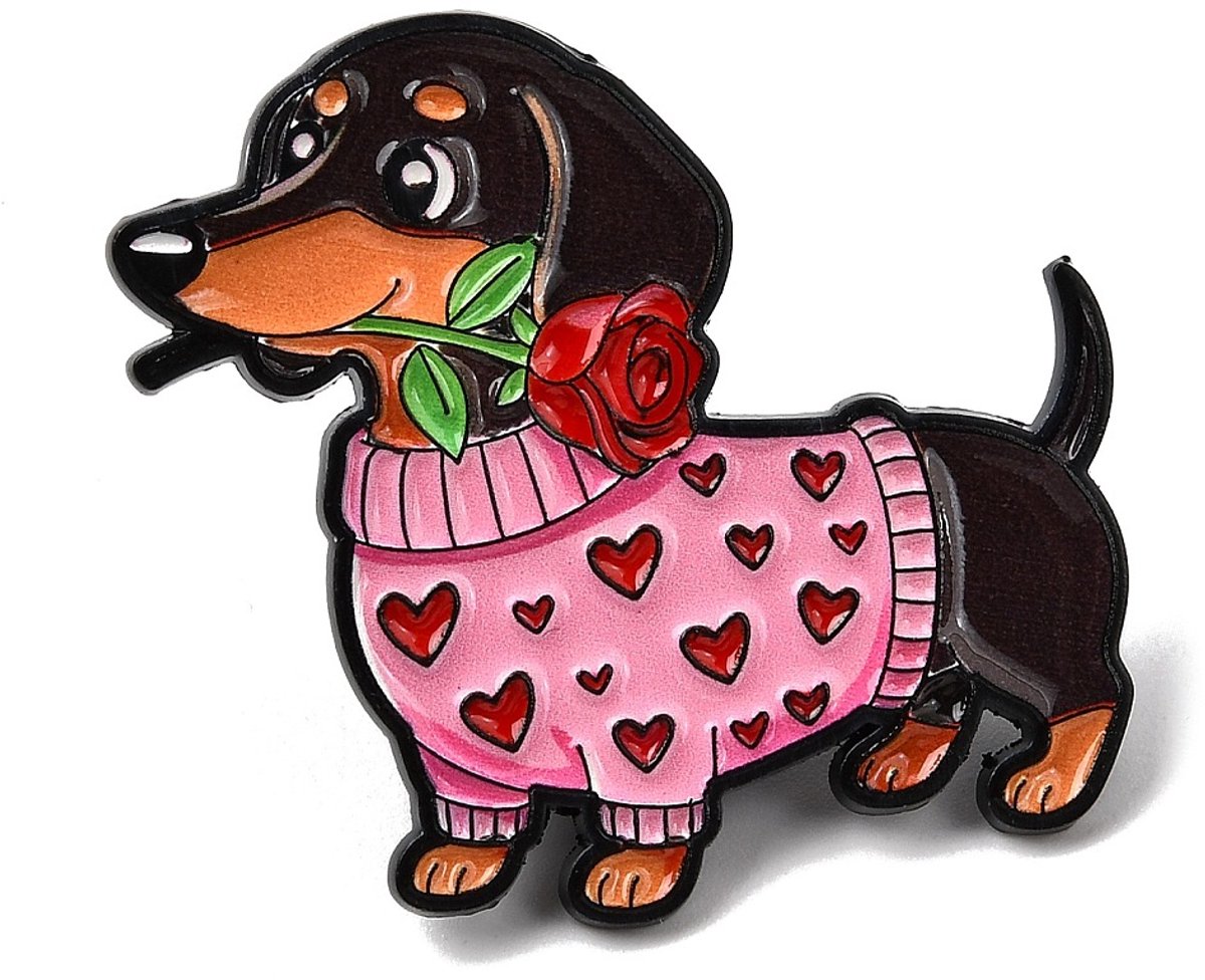 Pin- teckel dog with a rose - valentijn - roos - liefde - hond - broche, kledingspeld