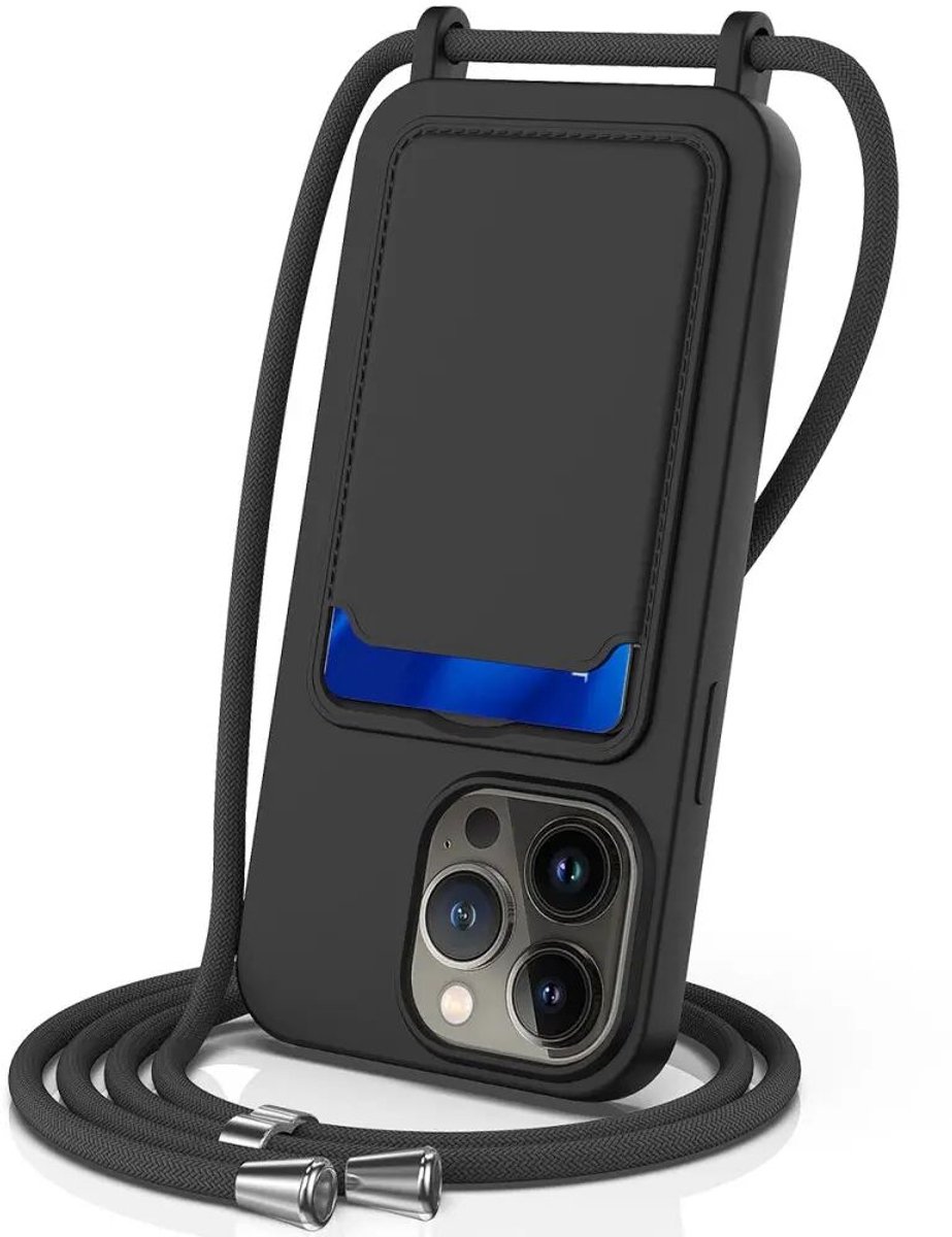 Hoesje met Koord en Pasjeshouder Geschikt voor Apple iPhone15 Pro | Back Cover met Crossbody Koord en Kaarthouder | Ideaal voor Festival/Vakantie | Siliconen | Zwart