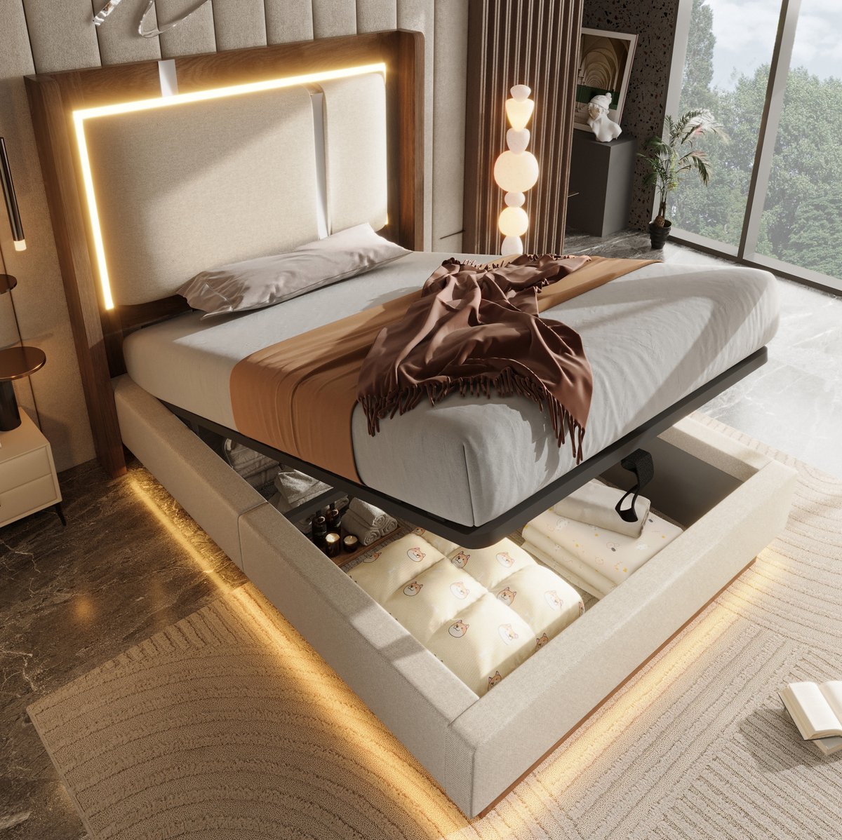 COVREO Bed 90x200 cm beige walnoot, stof en metaal met opbergruimte