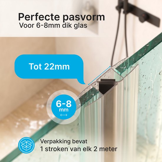 Transparante afdichting met tekst 'Tot 22mm' en '6-8 mm'. Bevat 2 meter strips.