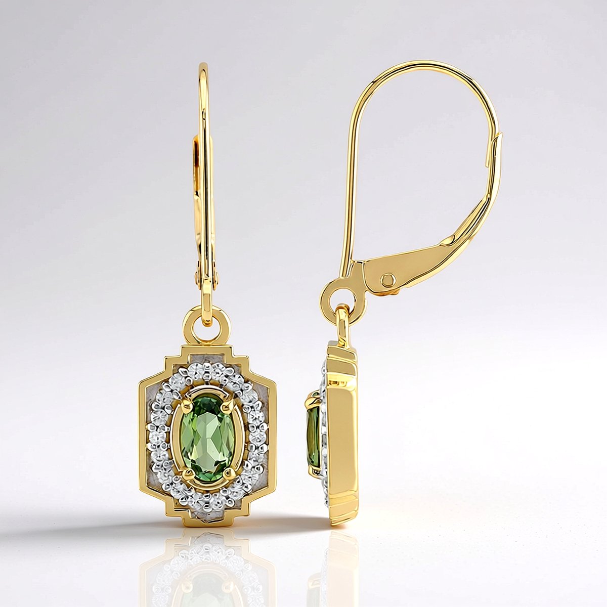 Cavill - Gouden Oorbellen 9 Karaats Geelgoud - Onverhitte Groene Ovale Tanzaniet 0,36 ct - 36 Zirkonia - Elegante Sieraden Met Edelstenen