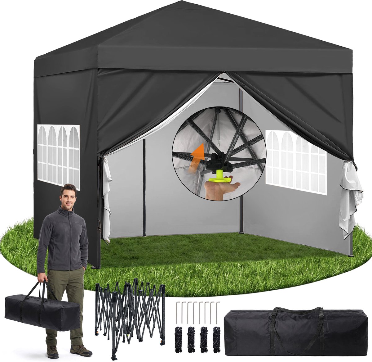 DAITORE - Partytent - 2.95x2.94m - Opvouwbaar Paviljoen - Metaalframe - Easy Up -UV-bestendig Waterdicht en sneeuwbestendig - met Zijwanden en opbergtas - oor kamperen, feesten en feestjes - Zwart