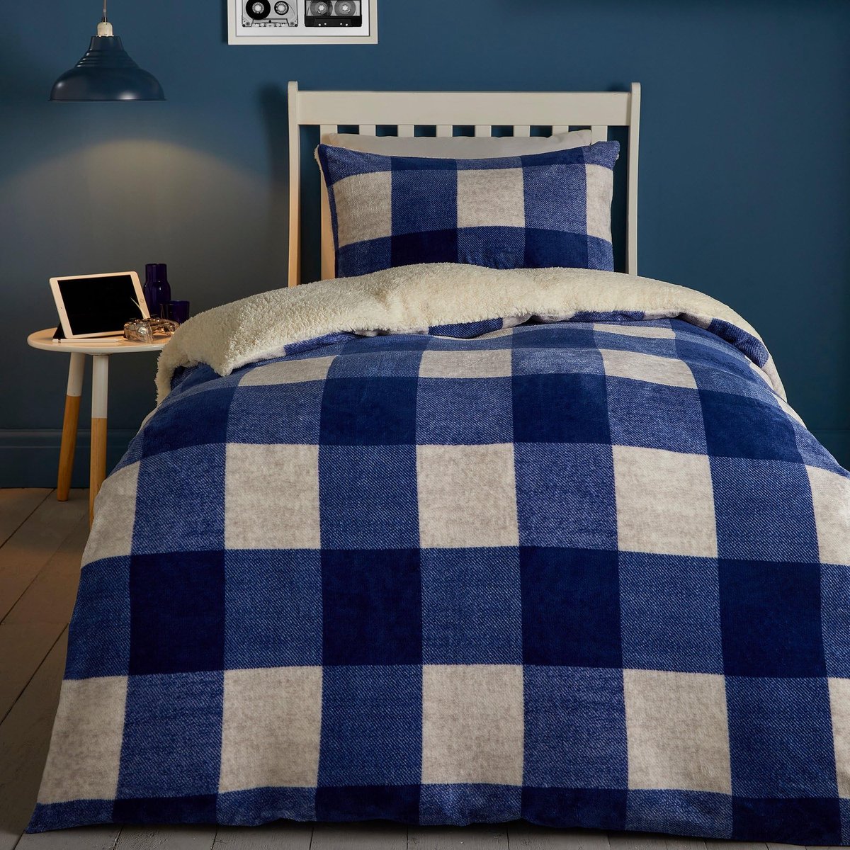 SnelShoppen - Blauw geruit dekbedovertrekset - Eenpersoons beddengoed (140 x 200 cm) - Cosy & Soft Fleece Flanellen Dekbedovertrek - Blauw & Wit Tarta