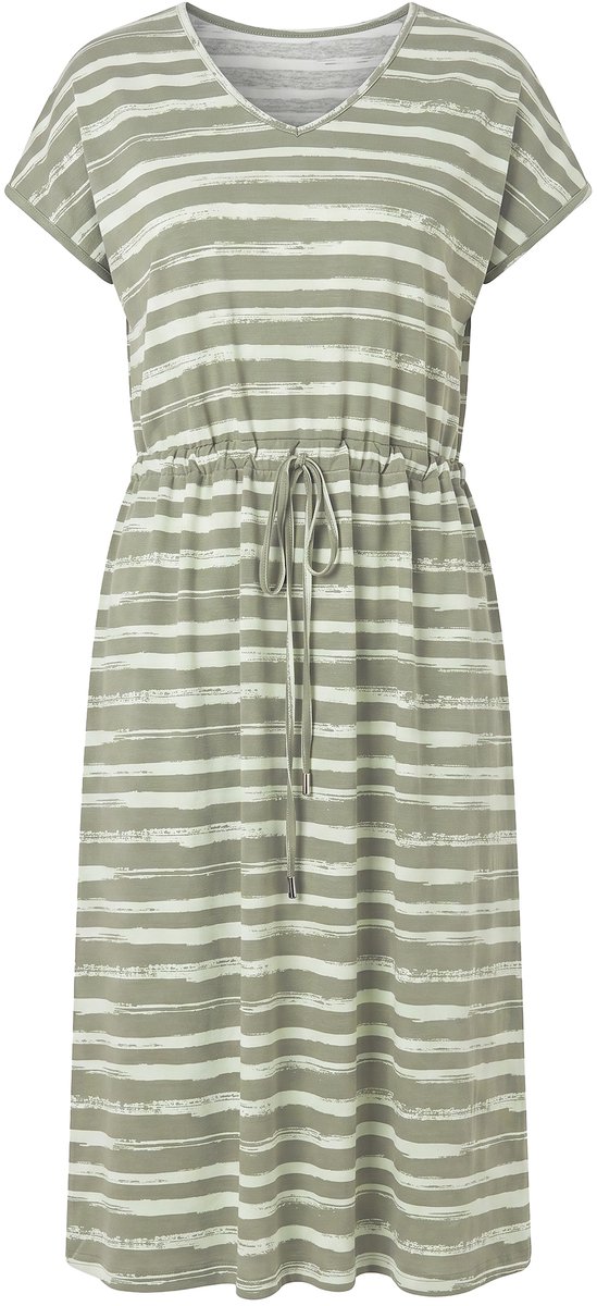 MIAMODA - Dames - Midi-jerseyjurk regular fit gestreept trekkoord in de taille - Rietgroen - Maat 48