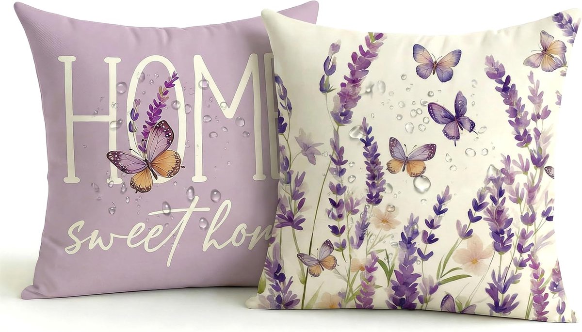 SnelShoppen - Waterdichte Outdoor Kussensloop 40 x 40 cm - Set van 2 - Paars Lavendeldesign - Dubbelzijdig Tuinkussen - Onderhoudsvriendelijk voor Bal