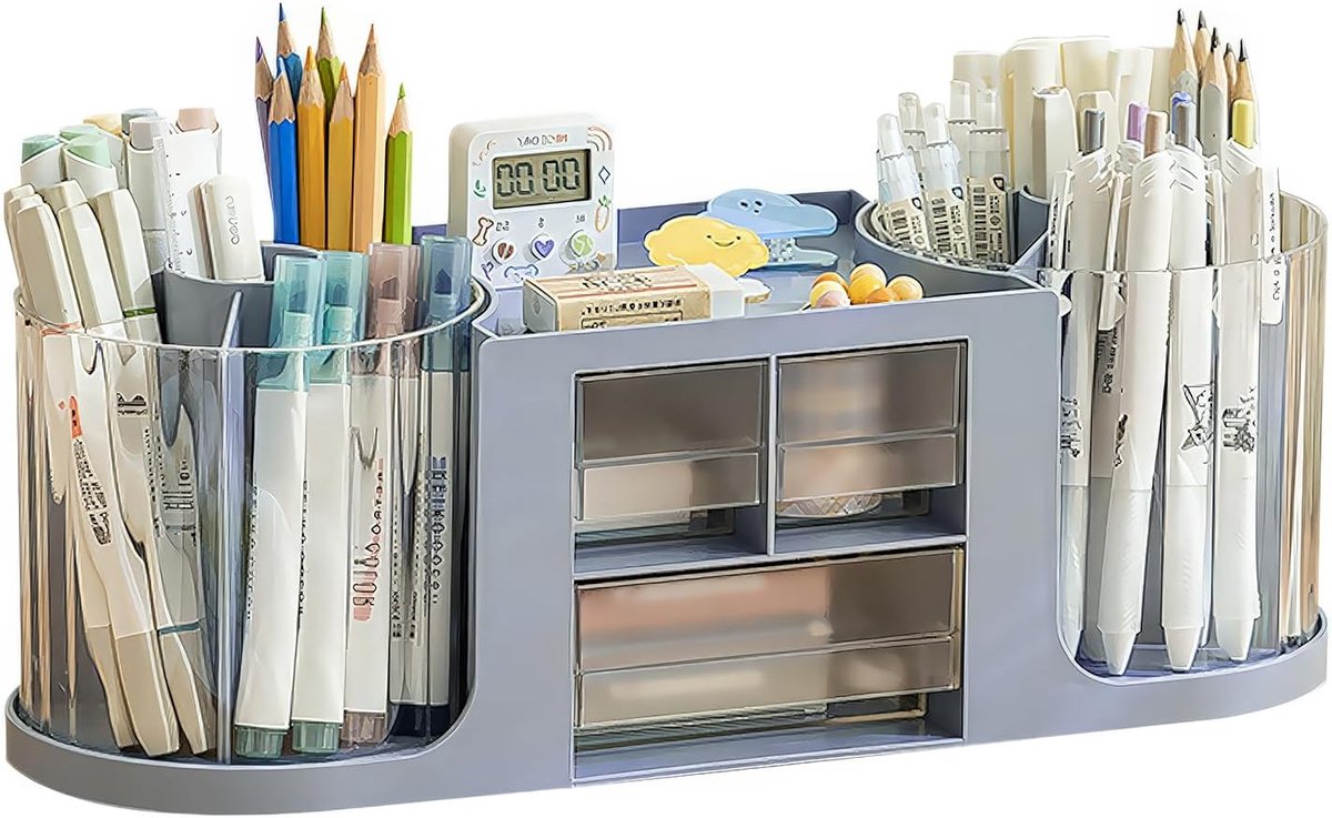 SnelShoppen - Pennenhouder opbergdoos bureau-organizer blauw, dubbele draaiende met 14 vakken, grote capaciteit, dubbellaagse transparante lade voor k