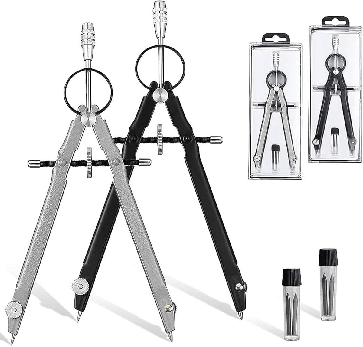 SnelShoppen - 2 Stuks Professionele Geometrie Passer Set voor Basisschool en Studenten - Snelverstelpasser met Middenaandrijving en Reservevullingen -