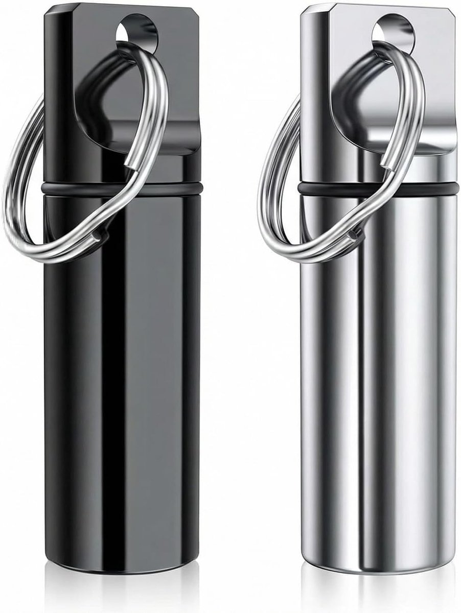 Kleine pillendoos sleutelhanger, waterdichte mini pillencontainer voor reizen en outdoor activiteiten, 2 stuks in zwart en zilver